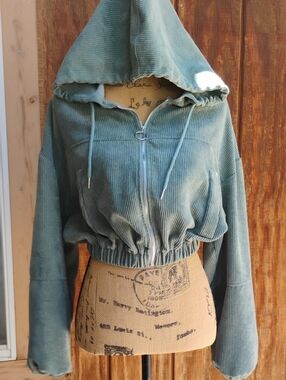 SHEIN Cropped Corduroy Zip Hoodie in Sage Green